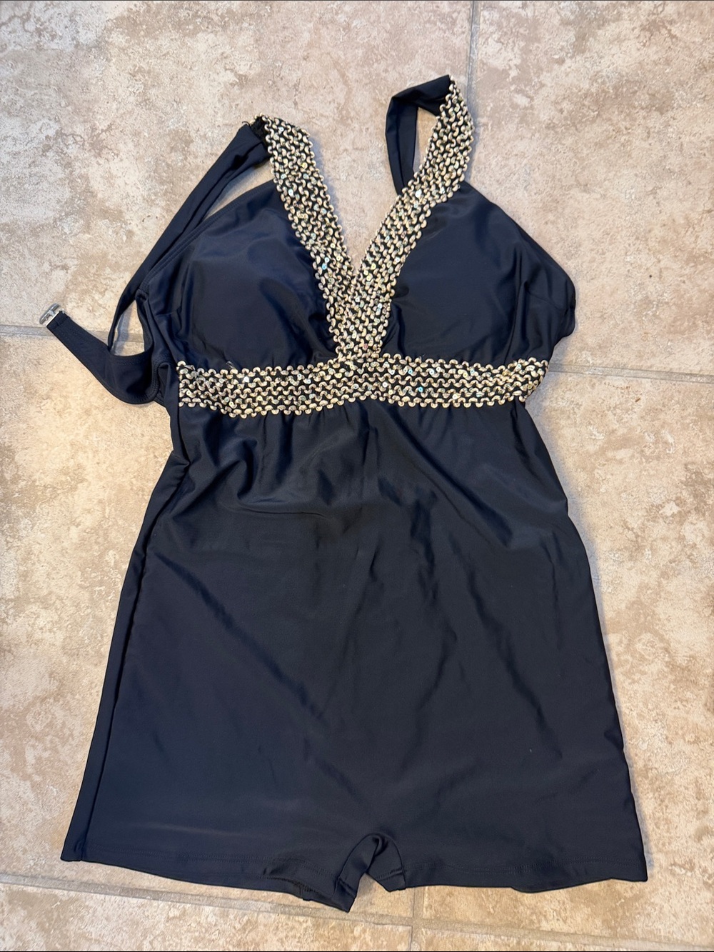 Black Swimdress Romper with Gold Accent Trim